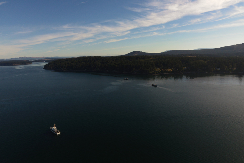 An aerial image of an oil sheen with vessels near it.