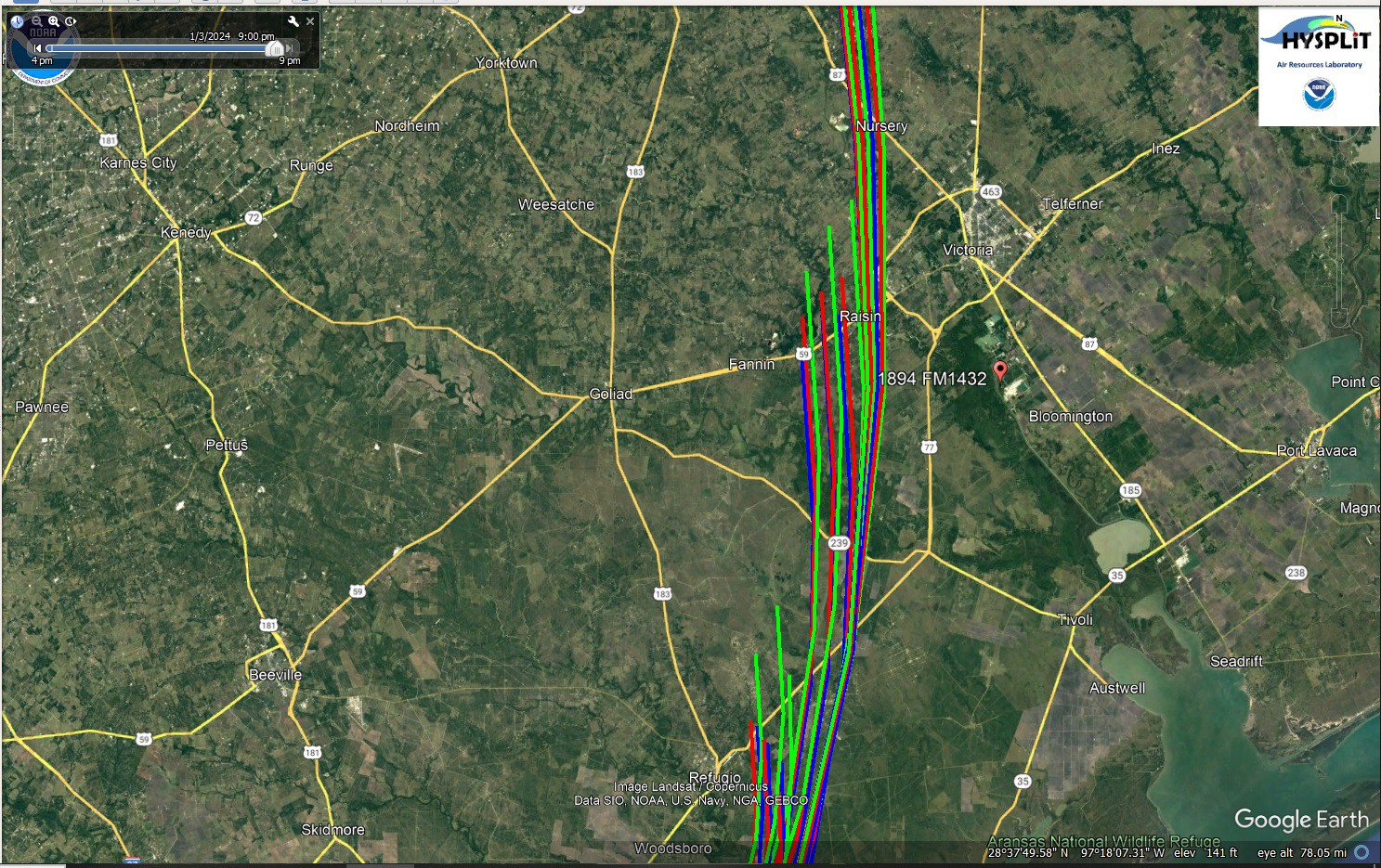 Results from hindcast modeling in the HYSPLIT model showing proximity to the identified source.