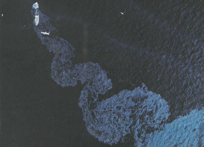 An oil slick on water.