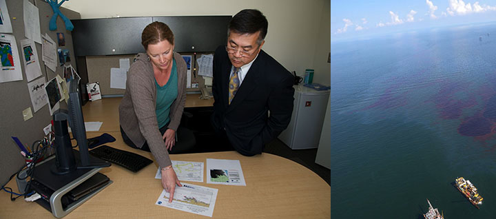 A photo on the left showing a man and a woman standing behind a desk. A photo on the right of a aerial view of an oil spill.