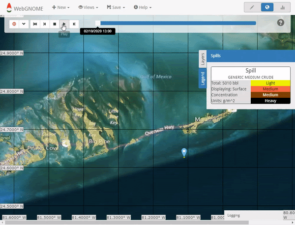 An animated map showing yellow particles moving toward a shoreline.