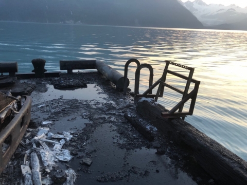 A barge with fire damage.