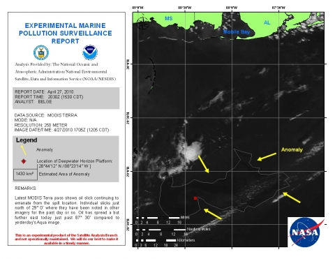 An Experimental Marine Pollution Surveillance Report that includes a satellite image of an oil spill in the Gulf of Mexico. 