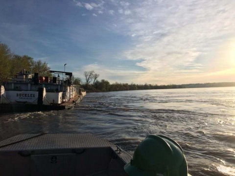 A grounded vessel as seen from another boat. 