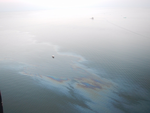 An oil sheen in water. 