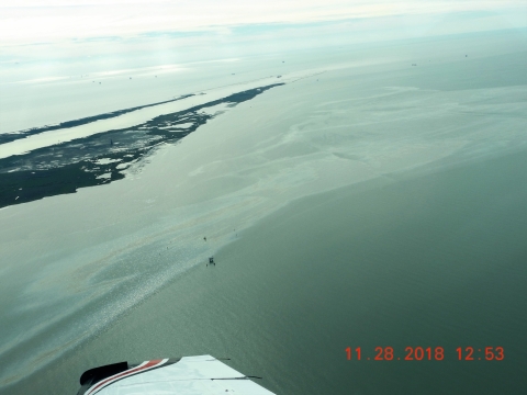 An aerial view of an oil sheen. 