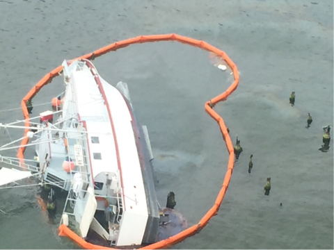 An aerial view of a boat surrounded by pollution boom. 