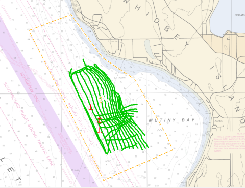 A rectangular area of a map marked in green.