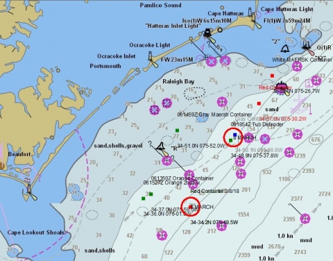A map of the ocean indicating locations of shipping containers. 