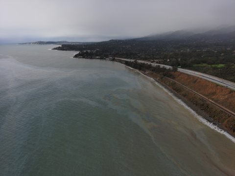 An aerial image of oil in water.