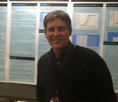 A person in front of a poster. 
