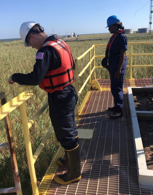 Two people on a metal platform looking out at a marsh area.