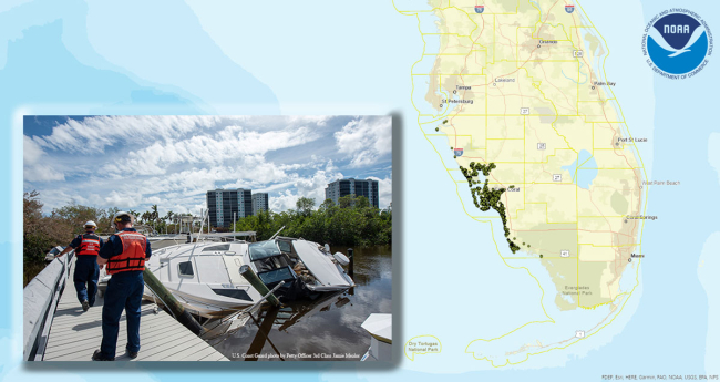 A map and an image of people on a dock looking at a displaced vessel.