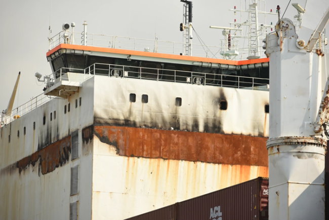 Burned superstructure of a vessel.