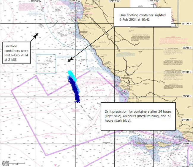 Trajectory estimate for a lost container, produced by NOAA’s GNOME (General NOAA Operational Modeling Environment) fate and transport model.