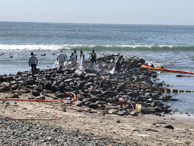 Cleanup workers on a beach.