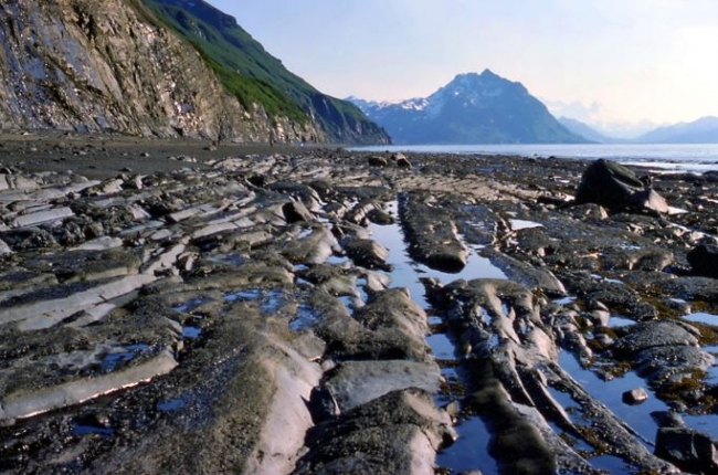 An exposed, wave-cut shoreline as seen from ground level with a mountain in the background.