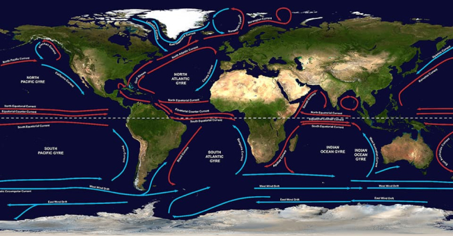 A world map with currents marked on it.