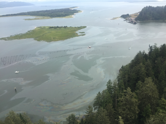 An aerial view of an oil sheen.