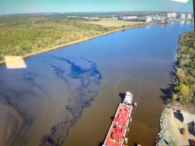 An aerial image of oil in a body of water.