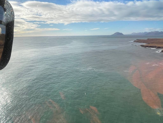An aerial image of oil in water.