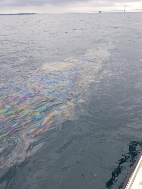 An oil sheen on water.