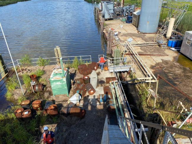Oil drums and chemical storage bins.
