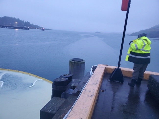 A person on a dock looking at an oil sheen contained in pollution boom. 