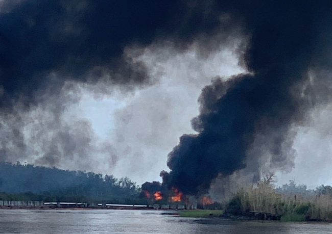 Smoke billowing from a marsh area.