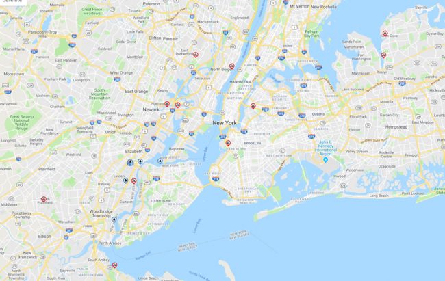 A map with red and blue dots on it. 