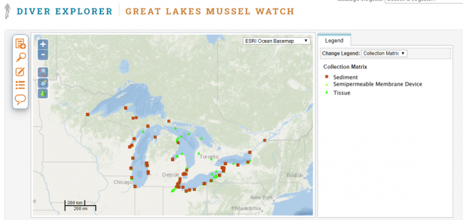 A map of the great lakes with dots around it.