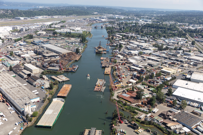 An aerial view of an urban waterway.