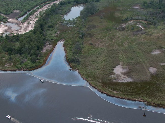An aerial image of an oiled shoreline.