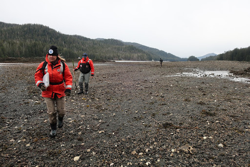 Two people on a shoreline area.