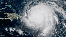 A satellite image of a hurricane. 