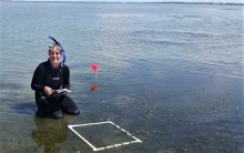 A woman in a wetsuit and snorkeling gear in water. 