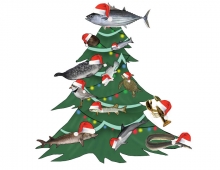 An animated image of a Christmas tree with fish and other marine animals on it. 