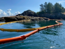 Containment boom near a shoreline in a body of water. 