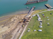 An aerial image of a train car derailment.