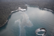 An oil sheen as seen from an aerial view. 