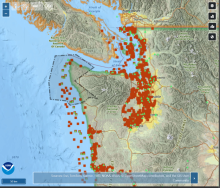 An ERMA dashboard displaying samples and bioassay counts for the Northwest region from NOAA's DIVER (Data Integration, Visualization, Exploration, and Reporting) tool. This example highlights the total counts of samples and bioassay for the Northwest region and within an area of interest polygon. 