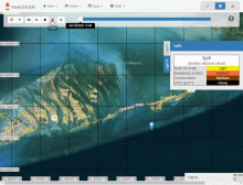 An animate image of a map with yellow particles moving from a body of water toward a shoreline.