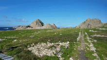 An animated image of a green and rocky coastline. 
