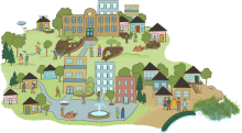 A graphic of a community with green space.