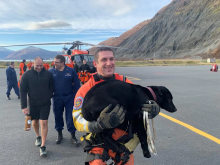 A group of people walking away from a helicopter holding a dog.