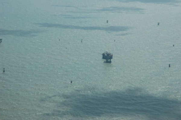 Several darker spots in a body of water.